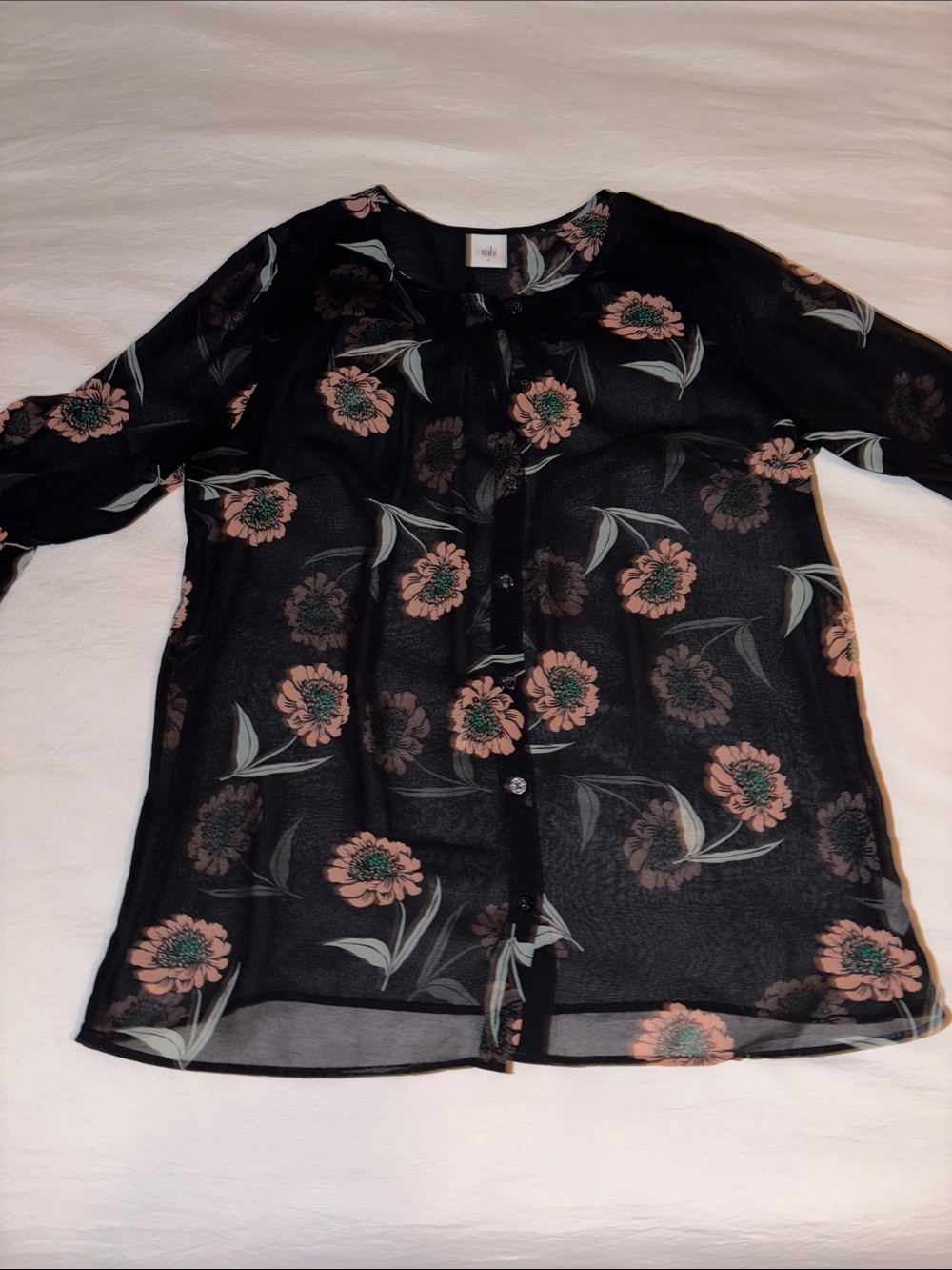 CAbi Black Sheer Button-Front Blouse with Dusty Pink Floral Print